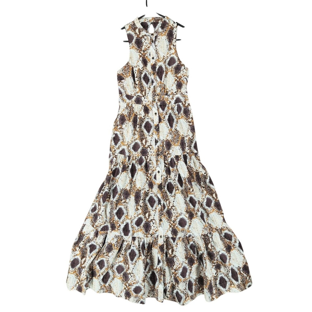 Anthropologie Maeve Maxi Dress 4 Brown Snakeskin Print Tiered Button Front Boho - Picture 2 of 12